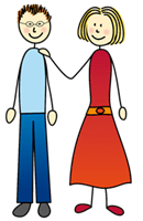Mann mit Brille und Frau mit rotem Kleid stehen zusammen
